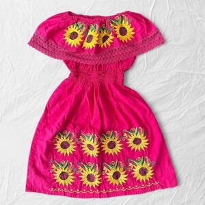 Vintage Mexican sunflower embroidered off the shoulder dress